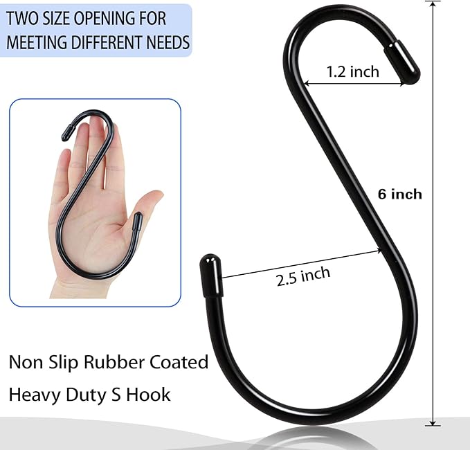 DINGEE 6 Pack Large S Hooks, Rubber Coated, Heavy Duty Non Slip, Black Vinyl Coated Closet S Hooks for Hanging Plants, Jeans, Pot, Pan, Garden, Bird Feeders