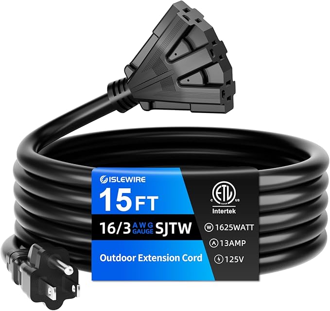 15 FT 3 Outlet Outdoor Extension Cord Waterproof, 16/3 SJTW Black Extension Cord with Multiple Outlets, Heavy Duty 16 Gauge 3-Prong Grounded Power Cable for Garden and Home Use, ETL Listed