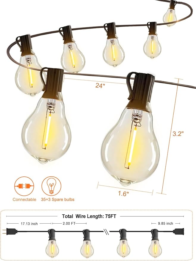 DAMAING Outdoor string lights 75FT Waterproof patio string lights with 38 Shatterproof Dimmable A39 LED Bulbs, 2FT bulbs apart Connectable Outdoor Lighting for Backyard Garden Bistro and Balcony 2200K