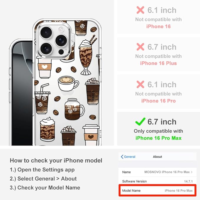 MOSNOVO Case for iPhone 16 Pro Max, [Buffertech 6.6ft Military-Grade Drop Protection] [Anti Peel Off Tech] Clear TPU Bumper Phone Case Cover Design - Coffee