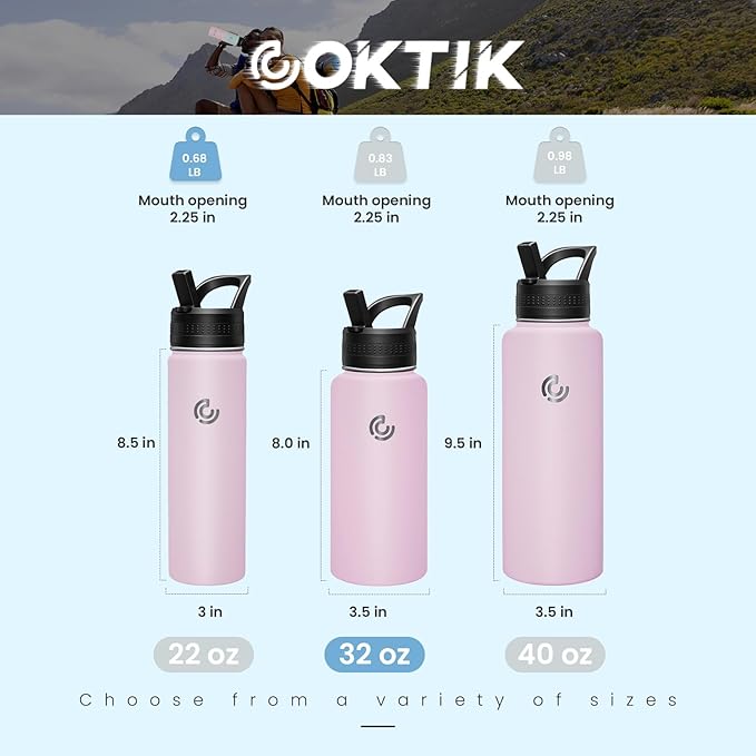 COKTIK 32oz Sports Water Bottle, Stainless Steel Water Bottle for Insulated, Reusable Travel Bottle, With Straw, With Handle Grip for Easy Carrying, Suitable for Cycling, Outdoor Vacations(Blush)