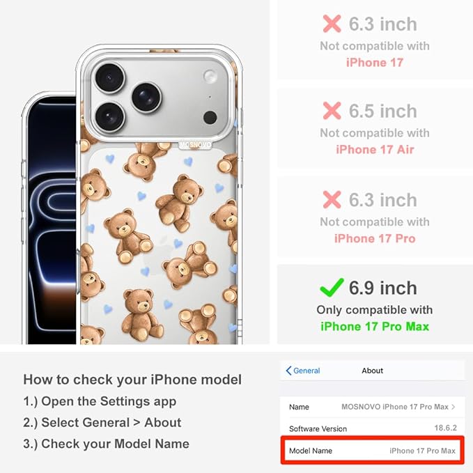 MOSNOVO for iPhone 17 Pro Max Case, Shockproof Military-Grade Protection 6.6ft Drop Tested, Camera Control, Clear Phone Case for iPhone 17 Pro Max, Teddy Mood Design