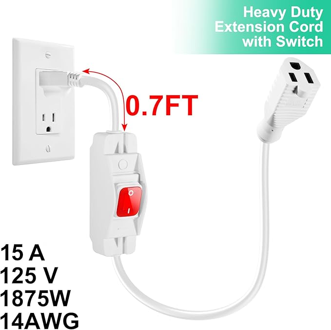 Outdoor Waterproof On/Off Switch Extension Cord, Heavy Duty 125v/250v Black SJTW Cord (1.5 Ft, White)