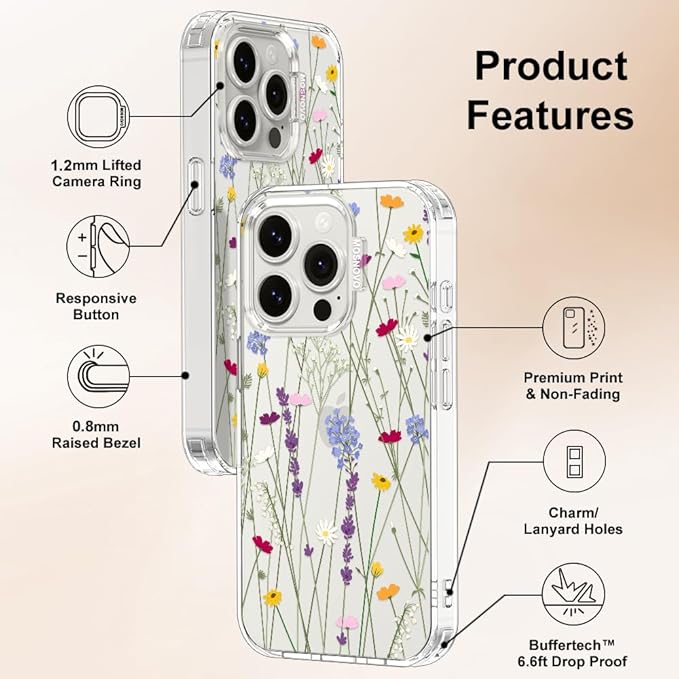 MOSNOVO Case for iPhone 15 Pro, [Buffertech 6.6ft Military-Grade Drop Protection] [Anti Peel Off Tech] Clear TPU Bumper Phone Case Cover Design - Floral Garden