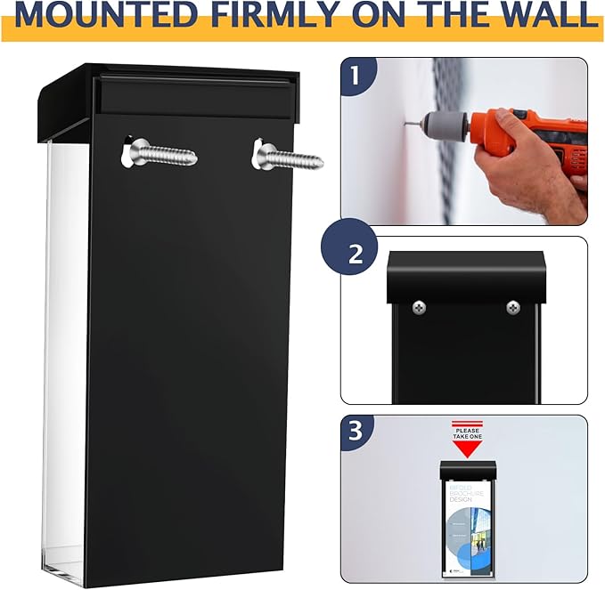 Remerry 1 Pcs Outdoor Brochure Holder 4 x 9 Inch Waterproof Wall Mount with Take One Sticker Literature Box with Clear Pamphlet Holder Acrylic Brochure Flyer Display Map Menu Envelope(Black)