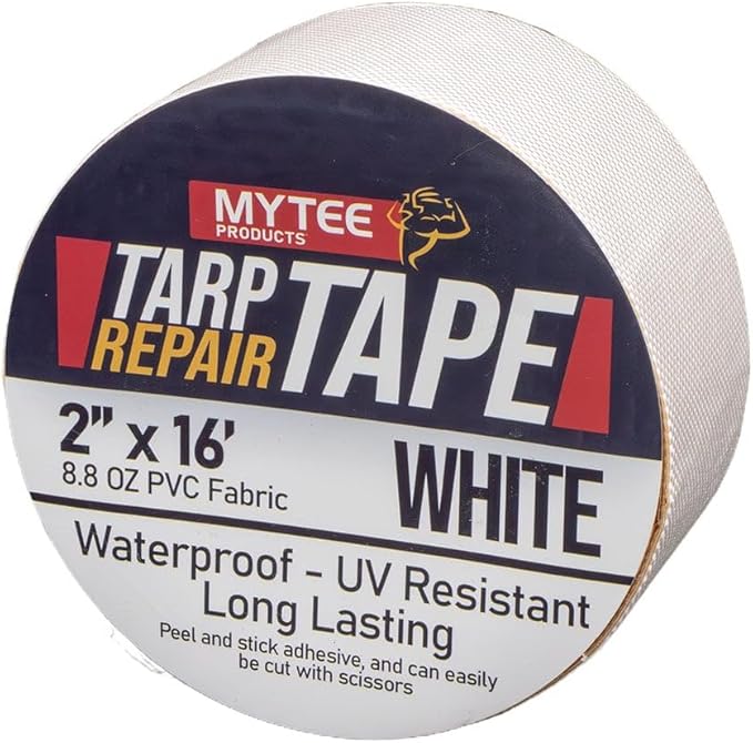 Mytee Products 2" x16' White Vinyl Tarp Repair Tape Kit – Heavy Duty 8.8oz Peel & Stick Waterproof Patch for Canvas, Tent, Awning, Boat Cover, RV & Truck Tarps, UV Resistant