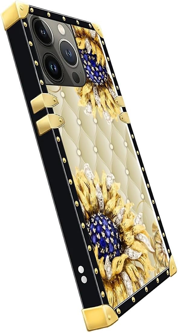 Compatible with iPhone 15 Pro Max Case, Sunflower Diamonds Leather Luxury Golden Decoration for Girl Women Soft TPU Shockproof Protective Hard PC Back for iPhone 15 Pro Max