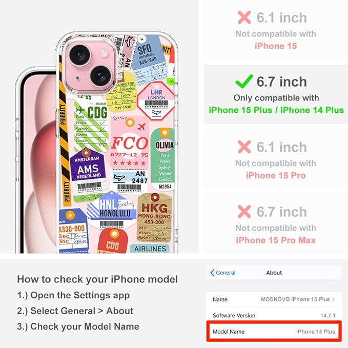 MOSNOVO Case for iPhone 15 Plus/iPhone 14 Plus, [Buffertech 6.6ft Military-Grade Drop Protection] [Anti Peel Off Tech] Clear TPU Bumper Phone Case Cover Design - Air Ticket Labels