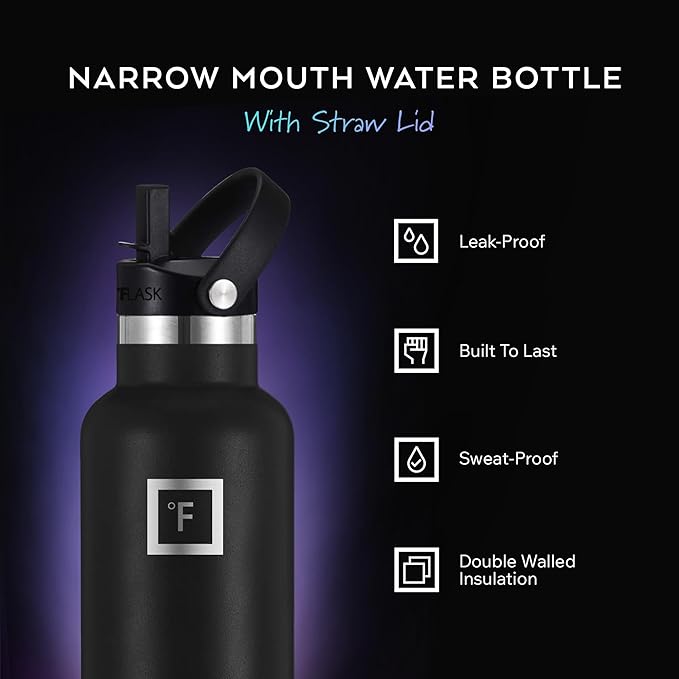 IRON °FLASK Camping & Hiking Hydration Flask with Straw, BPA-Free Insulated Stainless Steel Sports Water Bottle - 32 oz Day & Night
