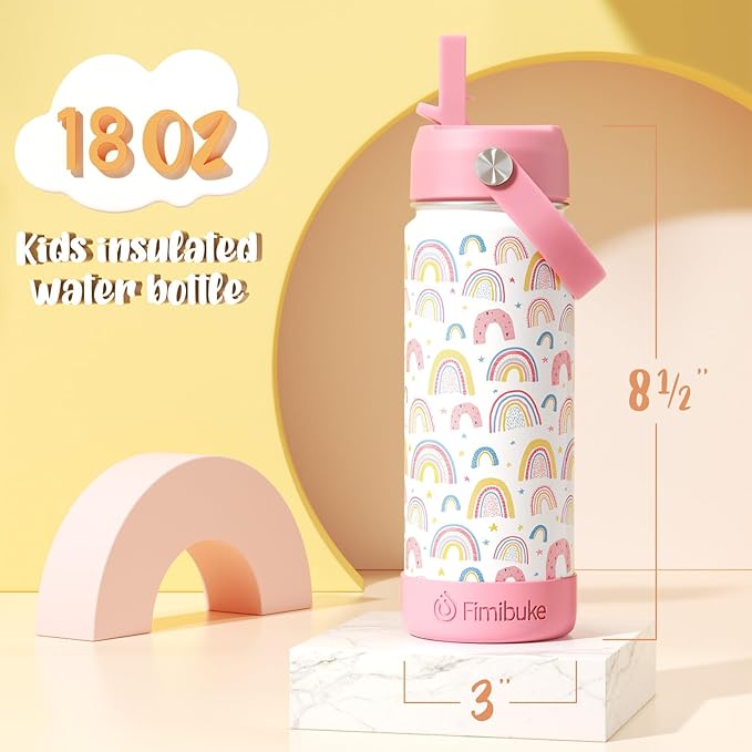 Fimibuke Kids Insulated Water Bottle, 18oz BPA FREE 18/8 Stainless Steel Kids Cup with Straw Travel Tumbler Double Wall Vacuum Leak Proof Toddler Water Bottle for School Boys Girls(1 Pack, Trucks)