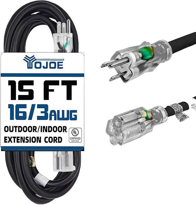 YOJOE Indoor Outdoor Extension Cord with Lighted End, 3 Prong 13A Weatherproof Power Cord, 16 Gauge Heavy Duty 15 ft Black Extension Cord for Garage, Garden and Home, 16/3 SJTW UL Listed