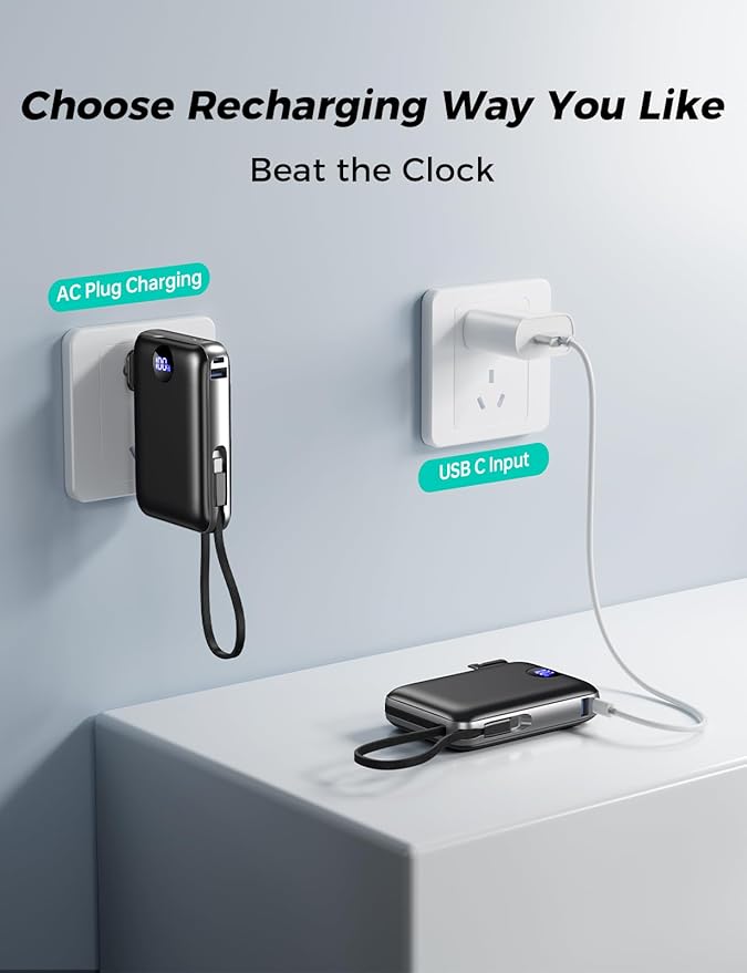 Portable Charger with Built-in Cables & Wall Plug, 10000mAh Power Bank, 4 Outputs 22.5W USB C Fast Charging, Slim Travel Battery Pack with LED Display for iPhone 17/16/15/14, Black