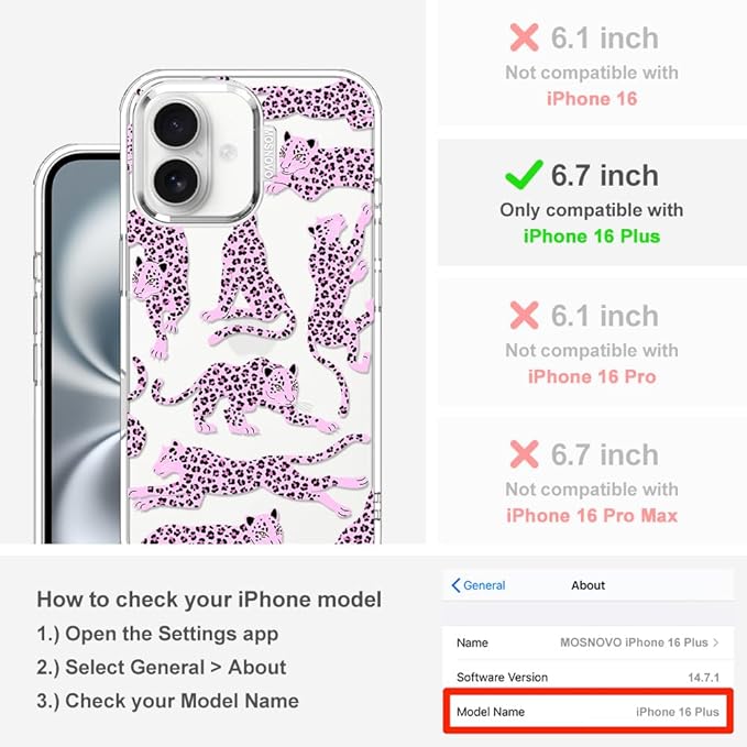 MOSNOVO Case for iPhone 16 Plus, [Buffertech 6.6ft Military-Grade Drop Protection] [Anti Peel Off Tech] Clear TPU Bumper Phone Case Cover Design - Pink Leopard