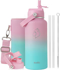 BUZIO 32 oz Water Bottle Insulated, Leakproof Stainless Steel Flask (Cold for 48 Hrs), Wide Mouth BPA-Free Metal Thermo Hydro Canteen with 2 Lids, Bubble Gum
