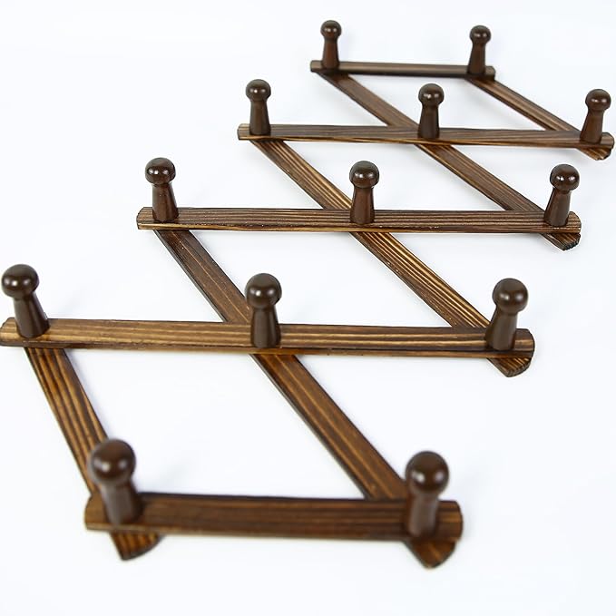 AMAPON Accordion Style Expandable Wall Wooden Coat Rack 13 Hooks (Pegs) Hang Hats Jackets Coffee Mug Purses Necklaces Towels Cap Leash Scarves Data Line Kitchenware (Walnut)