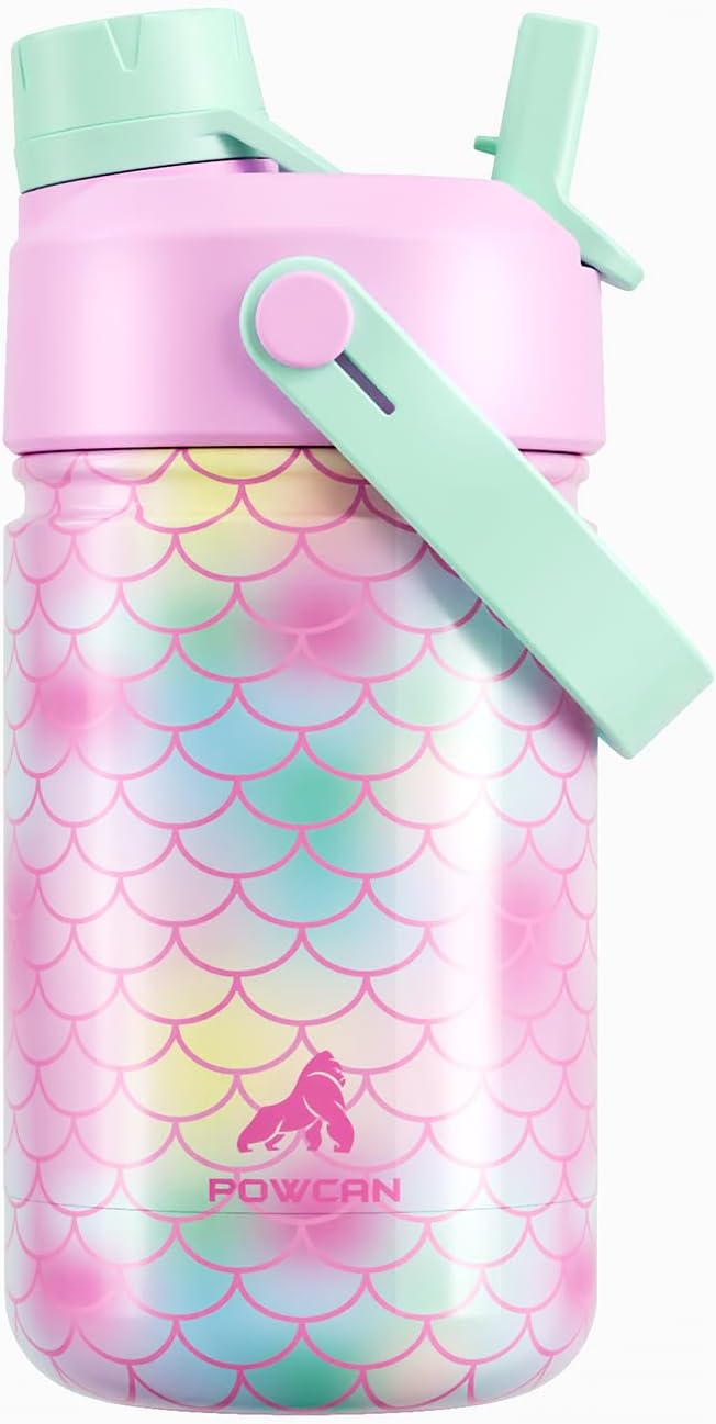 POWCAN 12 oz Kids Insulated Mermaid Water Bottle for School: 2-in-1 Straw Spout Lid, Leakproof, BPA-Free, Keep Cold 24H, Reusable Stainless Steel Cup, Birthday Gift for Girls Daughters (Ocean Scales)