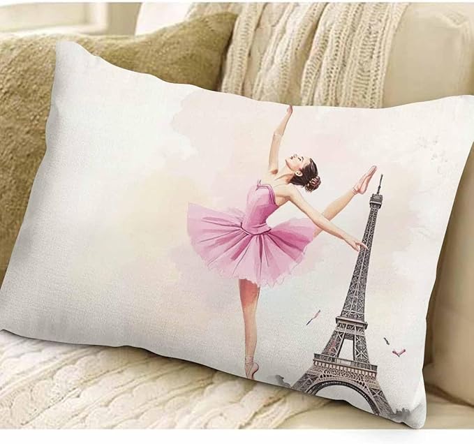EKOBLA Eiffel Tower Rectangle Pillow Covers Paris Beautiful Ballerina Girl Dancer Posing Waist Rectangle Throw Pillow Case Cotton Linen for Men Women Sofa Home Decoration 12x20 Inches