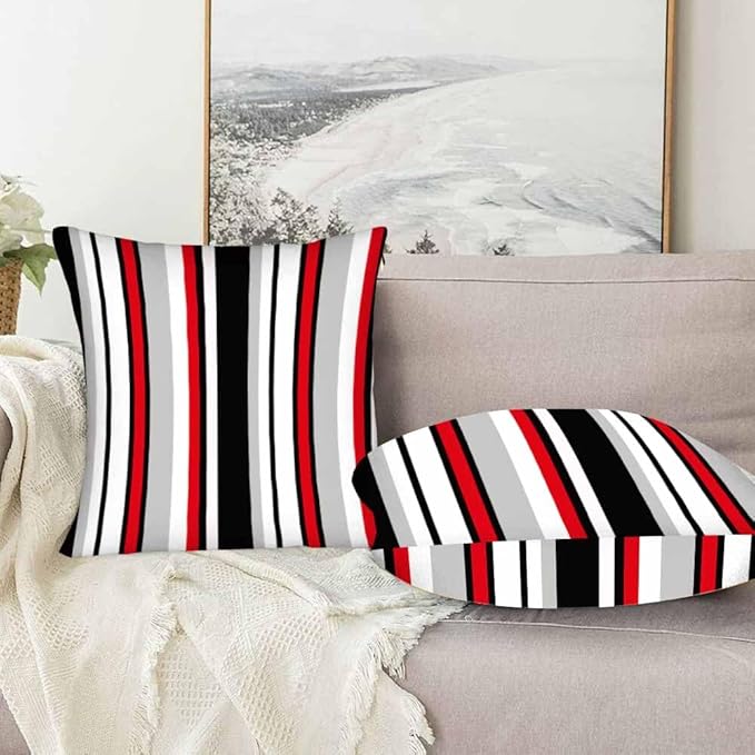 Vertical Lines Striped Pillow Covers 18 X 18 Black White Grey Red Watercolor Set of 2 Pillow Cases Square Velvet Outdoor Throw Cushion Pillowcases Decorative for Home Bed Sofa Couch Hotel