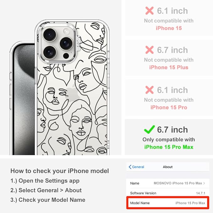 MOSNOVO Case for iPhone 15 Pro Max, [Buffertech 6.6ft Military-Grade Drop Protection] [Anti Peel Off Tech] Clear TPU Bumper Phone Case Cover Design - Abstract Face Line Art