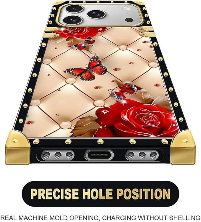For iPhone 17 Pro Max Case Luxury Golden Decoration For Girl Women Soft TPU Shockproof Protective Hard PC Back For iPhone 17 Pro Max Crazy Pattern Shining Red Rose Butterfly Leather Background