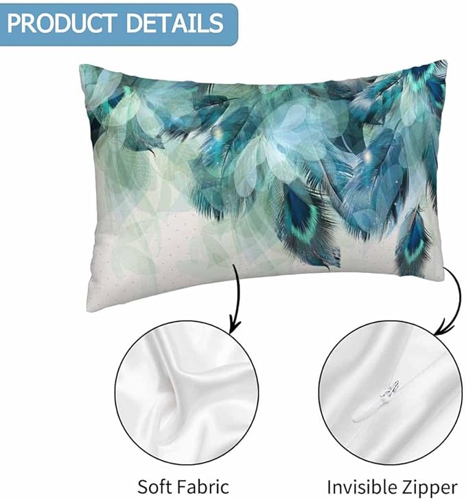 Peacock Feather 12 X 20 Pillow Covers Watercolor Gradient Blue Soft Halo Green Leaves Set of 2 Pillow Cases Rectangular Velvet Outdoor Pillowcases Decorative for Home Bed Sofa Couch Hotel