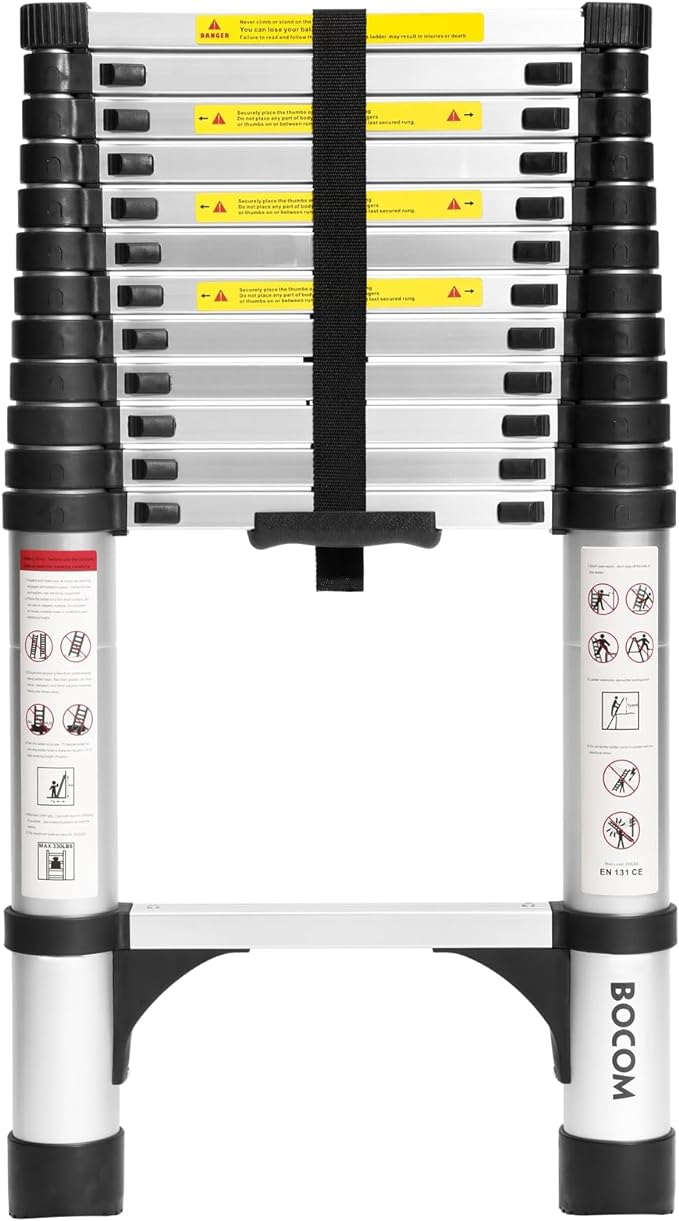 BOCOM 12.5 FT Aluminum Telescoping Ladder, Lightweight Multi-Purpose Collapsible Extension with 2 Triangle Stabilizers, Heavy Duty 330 lbs Max Capacity, Ideal for Home, RV, and Outdoor Work Silver