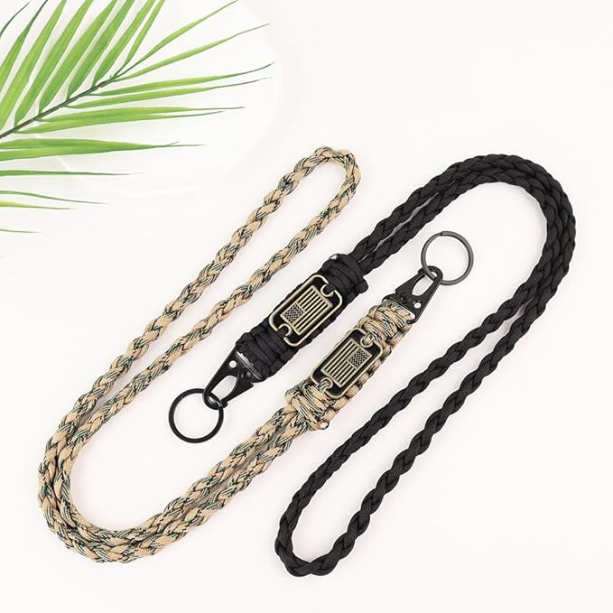 2pcs Heavy Duty Braided Paracord Lanyard Keychains with USA Flag, Parachute Rope Necklace for Outdoor Activities