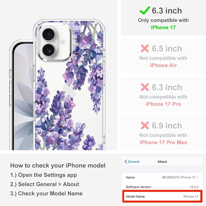 MOSNOVO for iPhone 17 Case | Military Grade 6.6ft Drop Tested | Camera Control | Clear with Lavender Design