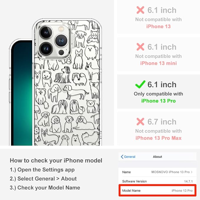 MOSNOVO Case for iPhone 13 Pro, [Buffertech 6.6ft Military-Grade Drop Protection] [Anti Peel Off Tech] Clear TPU Bumper Phone Case Cover Design - Doodle Dog
