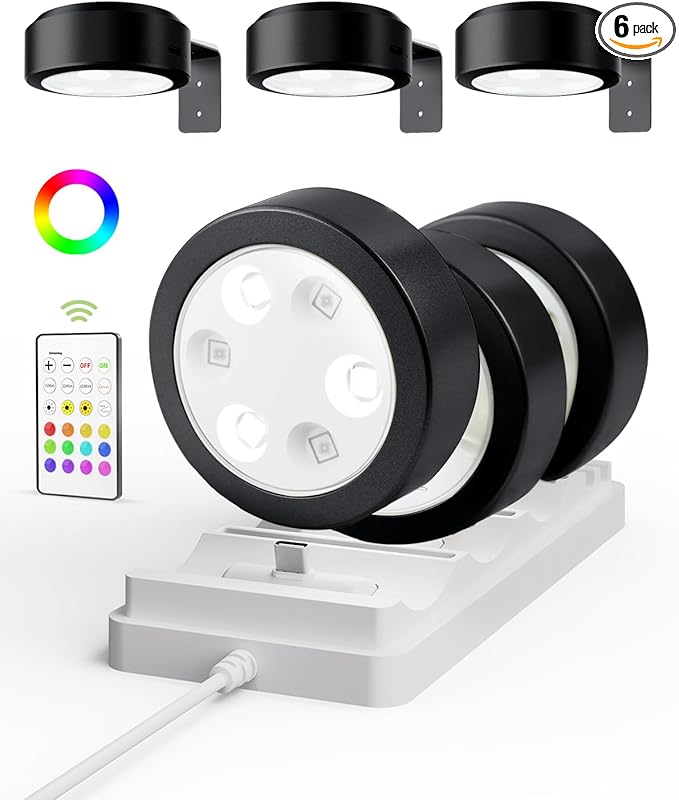 EZVALO Picture Lights for Wall, Rechargeable Battery Magnetic Poster Lights with 3 Color Temps & 12 RGB, Remote Dimmable Timer Light, Wall Decor Light for Art Display (6 Pack with Charging Station)