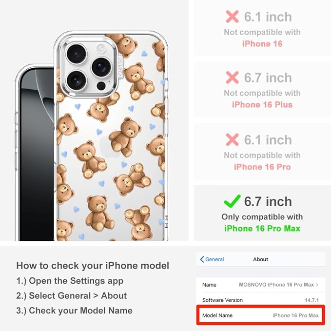 MOSNOVO for iPhone 16 Pro Max Case, Shockproof Military-Grade Protection 6.6ft Drop Tested, Clear Phone Case for iPhone 16 Pro Max, Teddy Mood Design