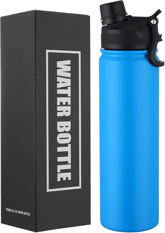 Insulated Water Bottle 24oz, Stainless Steel Double Wall Vacuum Sports Flask with 2-in-1 Straw & Chug Lid, BPA-Free, Leak Proof, Keeps Cold 24H for Travel Gym School