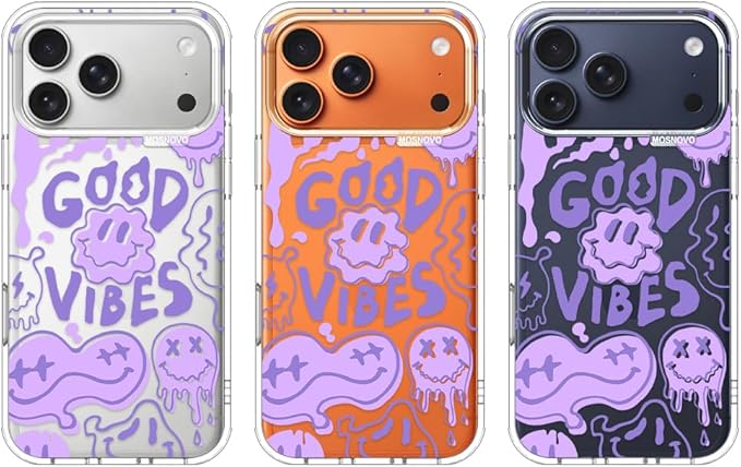 MOSNOVO for iPhone 17 Pro Max Case | Military Grade 6.6ft Drop Tested | Camera Control | Clear with Good Vibes Design