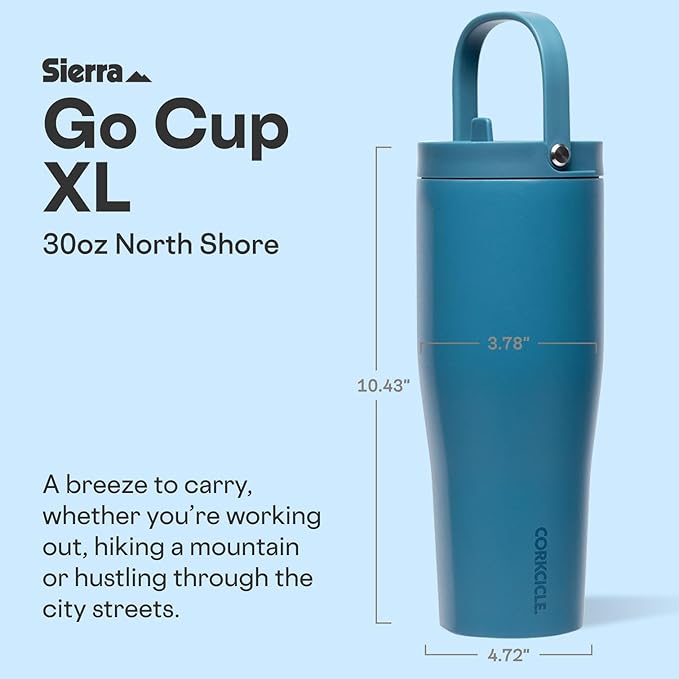 Corkcicle Go Cup XL - Leak-Proof Travel Tumbler - Triple Insulated Stainless Steel Water Bottle - Easy-Carry Handle - Summer Drinkware Gift - Keeps Drinks Ice Cold - 30 oz - North Shore