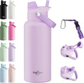 32oz Insulated Water Bottle with 2-in-1 Straw and Spout Lid, 304 Stainless Steel Water Bottle Keep Cold for 24H,Leak-Proof,Sports Water Bottle with Braided Carry Strap for Travel, Light Purple