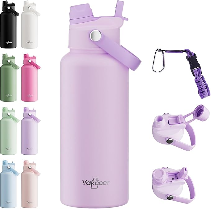 32oz Insulated Water Bottle with 2-in-1 Straw and Spout Lid, 304 Stainless Steel Water Bottle Keep Cold for 24H,Leak-Proof,Sports Water Bottle with Braided Carry Strap for Travel, Light Purple