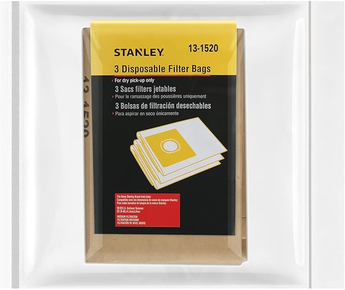 Stanley 13-1520 Disposable Filter Bag Fits for 10 Gallon Wet or Dry Vacuum Cleaner, Fits for SL18191P SL18199P,3 Pack