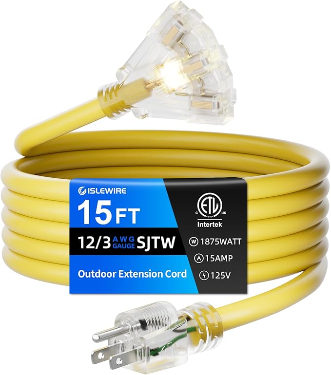15 FT Outdoor Extension Cord with Multiple Outlets, 12 Gauge Heavy Duty Yellow Extension Cord Waterproof with 3 Outlet, 3 Prong Power Cord for Garden and Home Use Indicator Light, ETL Listed