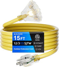 15 FT Outdoor Extension Cord with Multiple Outlets, 12 Gauge Heavy Duty Yellow Extension Cord Waterproof with 3 Outlet, 3 Prong Power Cord for Garden and Home Use Indicator Light, ETL Listed
