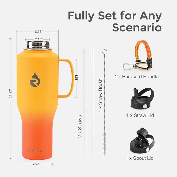RAYMYLO Insulated Water Bottle 40oz (Cold for 48 Hrs), Stainless Steel Water Bottle with Handle & Straw Lid & Paracord Handle, Triple Wall Vacuum Leakproof Travel Flask, Fit in Any Car Cup Holder