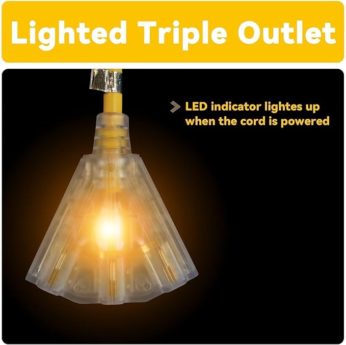 EP 25 Ft 12 Gauge Heavy Duty Extension Cord, 15A 125V 1875W, 3 Outlet Indoor/Outdoor Power Cord with Lighted End, 12/3 SJTW Weatherproof Yellow