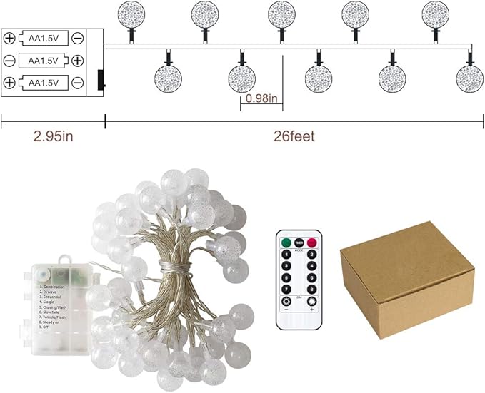 Metaku Globe String Lights Fairy Battery Operated 26ft 60LED with Remote Waterproof Indoor Outdoor Hanging Decorative Christmas for Home Party Patio Garden Wedding