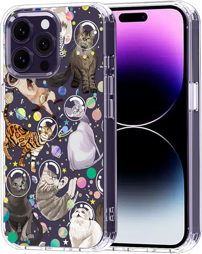 MOSNOVO Case for iPhone 14 Pro Max, [Buffertech 6.6ft Military-Grade Drop Protection] [Anti Peel Off Tech] Clear TPU Bumper Phone Case Cover Design - Space Cat