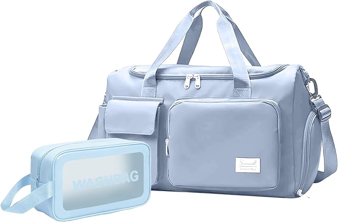 Suruid Gym Bag for Women Men, Travel Duffle Bag Large Capacity Carry On Weekender Bag With Shoe Compartment Gym Tote Dry Wet Separation Duffel Bag with Makeup Bag, Blue