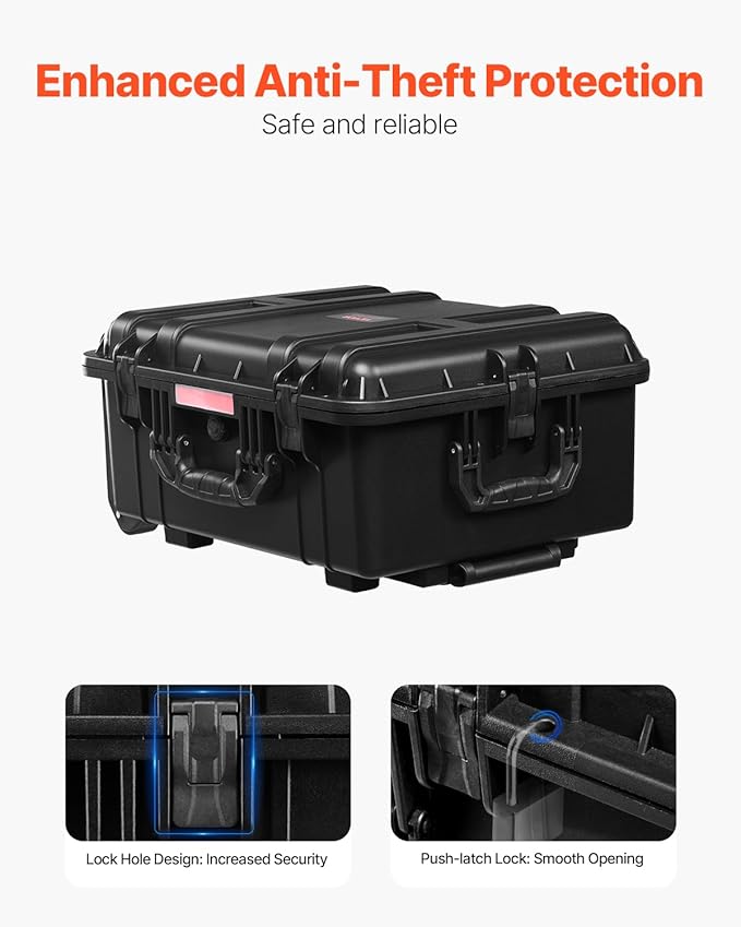 VEVOR Weatherproof Hard Case, Heavy Duty Protective Dry Box with Pre-Cut Foam, Wheels & Retractable Pull Handles for Travel, Hunt, Military, Tactical, IP67 Waterproof Case for Cameras(57x45x28)