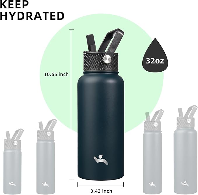 Konokyo 32 oz Insulated Water Bottle Stainless Steel Sport Bottles with 3 Lids,Navy Blue