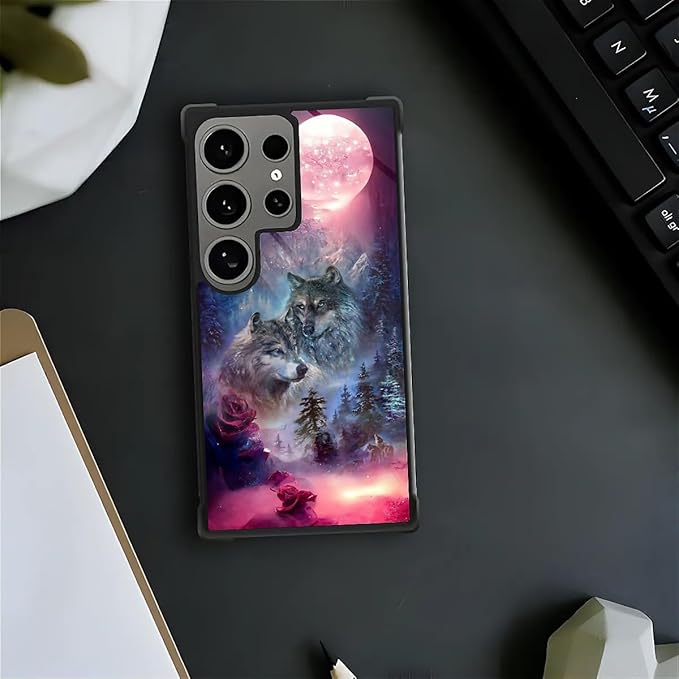 for Samsung Galaxy S24 Ultra Case, Star Two Wolfs Howling Pattern Graphic Design Girl Boy Soft Silicone Hard Acrylic Shock Protection for Samsung Galaxy S24 Ultra