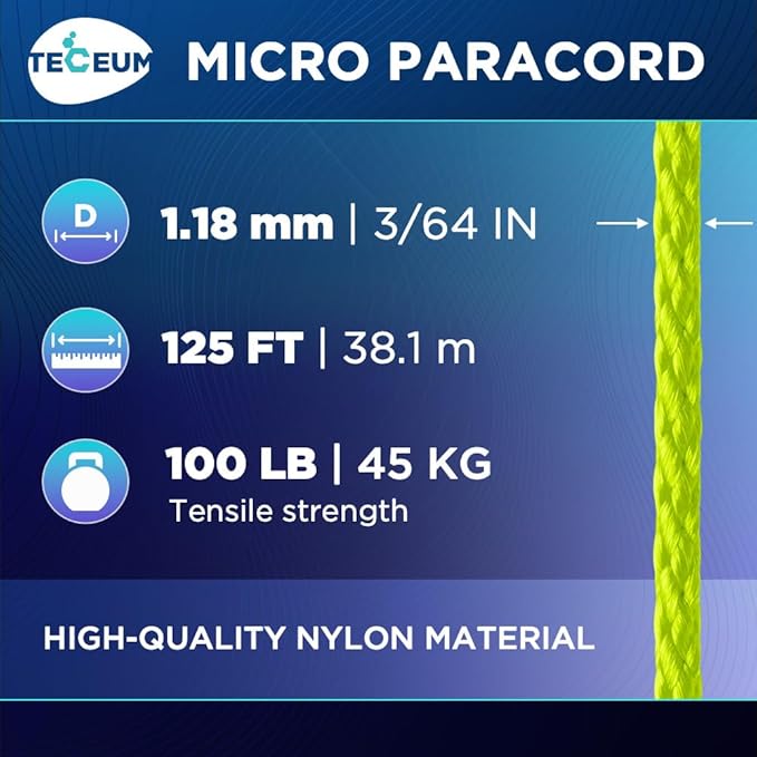 TECEUM Micro Paracord – 1.18 mm X 125 ft – Micro Utility Cord – Thin Braided Paracord Rope – Best for Crafting, DIY Projects, Fishing, Camping – Wind Chime Replacement – Survival Strong String