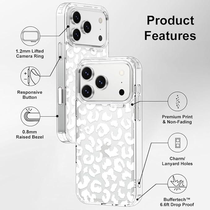 MOSNOVO for iPhone 17 Pro Case | Military Grade 6.6ft Drop Tested | Camera Control | Clear with White Leopard Print Design
