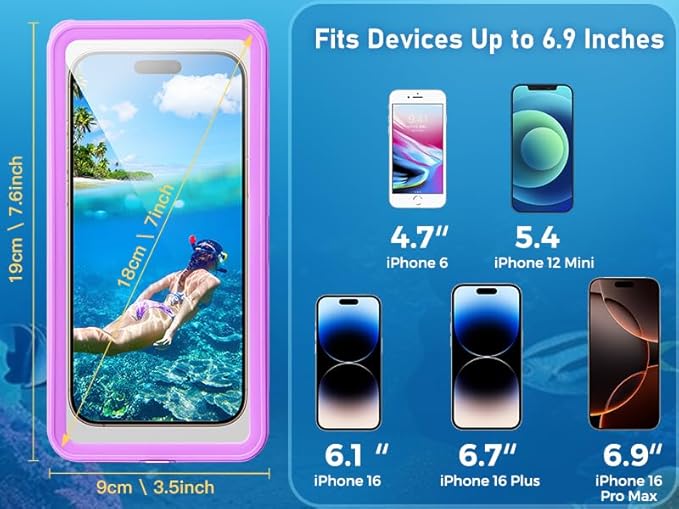 Waterproof Phone Case,IPX8 Waterproof Phone Pouch for Beach & Snorkeling Essentials,Phone Waterproof Case with Lanyard, Universal Case Up to 6.9" for iPhone,Samsung (Purple)